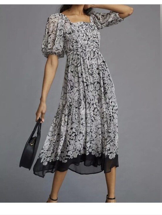 Anthropologie Dresses & Skirts - Anthropologie Black & White Square Neck Smocked Midi Dress S